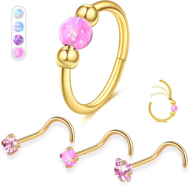 AMASIS Opal Nose Ring Studs Horseshoe Nose Rings Hoops Stud 316L Stainless Steel Nose Rings Round CZ Square Screw L Shaped Nose Stud Hypoallergenic Nostril Piercing Jewelry for Women Men - Image 1